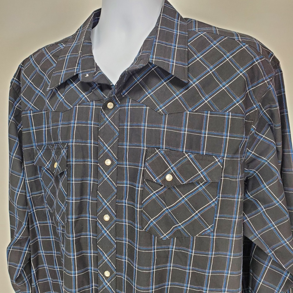Wrangler Western Wrancher Black 100% Cotton‎ Plaid Pearl Snap Button Shirt 2XL